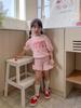 Conjunto de Verano para Niña Estilo Ins Coreano Lindo Top con Mangas Abullonadas Waffle de Conejito Pantalones Cortos de Encaje Conjunto de Dos Piezas