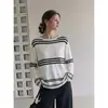 Suéter de tricô listrado color block de manga longa, estilo vintage old money francês, para mulheres, soltinho e casual, top que afina para primavera e outono