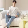 Pijama de Algodón Puro con Dibujo de Oso para Hombre, Manga Larga y Pantalón, Cuello Redondo Pullover, Conjunto de Ropa de Casa para Pareja, Se Puede Usar Afuera