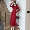 Vestido lencero de punto rojo con abrigo, vestido de lana para mujer, ropa interior de otoño e invierno, adelgazante, vestido largo francés, negro