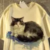 Camiseta de manga curta com estampa de gato em estilo pintura a óleo, gola redonda, corte solto, versátil, top casual de verão para estudantes, feito de seda de leite.