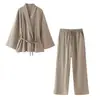 Conjunto de Moda 2025 Novidades de Primavera, Roupas Femininas Transfronteiriças Europeias e Americanas, Casaco Estilo Kimono de Botões Duplos + Calça Reta para Mulheres