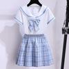 Conjunto de Meninas Saia xadrez Novo Verão Primário e Secundário Estudantes Vestido de Verão Fried Street Estilo Estrangeiro jk College Style Conjunto de Duas Peças Infantis