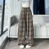 Pantalones largos casuales de cuadros retro para mujer, nuevos pantalones rectos de pierna ancha adelgazantes de cintura alta para otoño, estilo de alta calle americano, pantalones de longitud de piso