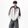 Moletom cardigã de gola alta em blocos de cor listrado estilo americano, jaqueta esportiva casual versátil masculina moderna estilo universitário com modelagem solta