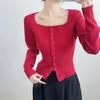 Suéter de Punto Cuadrado con Escote Francés Estilo Francés para Mujer, Diseño Adelgazante Otoño e Invierno, Top Básico Corto Moderno Único con Dobladillo Dividido