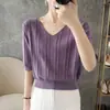 Blusa de tricô de algodão puro com decote em V e detalhes vazados para mulheres, de manga curta, estilo coreano de verão, solta, simples, versátil, suéter estiloso, blusa fina