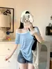 Camiseta de Manga Corta a Rayas Estilo Coreano para Mujer, Colección de Verano, Cuello Redondo, Holgada, Casual, Vanguardista, Reversible, Hueca, Espalda Descubierta, Top Delgado