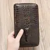 Venda Direta de Comércio Exterior Bolsa de Mão Genuína em Couro com Padrão de Crocodilo de Alta Qualidade Gravada com Zíper Duplo Carteira Longa para Celular Masculina Tendência