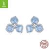 Brincos de prata com pingente de gota de óleo azul e três folhas de flor, brincos de nicho femininos simples com flor, banhados a platina e prata esterlina 925