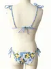 Biquíni Novo Estilo Europeu e Americano com Estampa Fresca e Tiras Listradas Conjunto Sexy de Roupa de Banho Duas Peças
