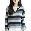 Tricô de Lã com Listras Contrastantes Estilo Francês para Mulheres Tricô Casual Solto Estilo Coreano Novo Moda 2026 Top com Combinação de Cores