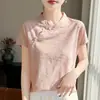 Nueva Camiseta Suelta de Punto con Cuello Alto de Seda Estilo Chino, Manga Corta, Jacquard Pesado para Mujer