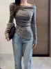 Camiseta Básica Irregular de un Hombro para Mujer en Primavera y Otoño, Capa Interior de Terciopelo Alemán, Aspecto Adelgazante, Sexy de Hombro Caído Manga Larga