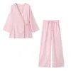 Amazon Transfronterizo Nuevo Lino Estilo Europeo y Americano Otoño Color Sólido Top Sencillo y Pantalones de Pierna Ancha Conjunto de Dos Piezas