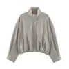 Jaqueta Bomber Xadrez Nova Outono 2026 Feminina Gola Alta Bainha Plissada Curta Solta Casual Outerwear Xadrez