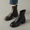 Estilo Preppy Británico Retro Piel de Cabra Zapatos Pequeños de Cuero Botines Cortos Mujer Punta Redonda Tacón Alto Botas Elásticas Ajustadas Botas de Tacón Grueso con Forro de Lana