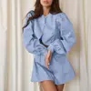 Traje de Moda Nuevo para Mujer Transfronterizo Diseño de Cuello Redondo y Manga Larga Top Cardigan Pantalones Cortos de Pierna Ancha Conjunto Casual de Dos Piezas