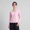 Camiseta básica de algodón puro para mujer, de manga larga, cuello en V, color liso, corte holgado, adecuada para ir al trabajo y uso casual