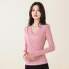 Camiseta de Manga Comprida em Malha Canelada de Seda de Amora Feminina Slim-fit Emagrecedora Cor Sólida Decote Cruzado Simples Combina com Tudo Top Fino Primavera e Outono