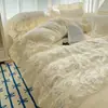 Juego de Cuatro Piezas de Algodón Lavado de Grado A Suave y Amigable con la Piel Estilo Francés, Funda Nórdica Estilo Princesa, Juego de Sábanas de Tres Piezas, Ropa de Cama para Dormir al Natural