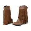 Botas de tacón alto con borlas, suela de goma antideslizante, versátiles para otoño e invierno, punta redonda, talla grande, color liso, tacón cuadrado, botas de cuero ligeras hasta la mitad de la pantorrilla