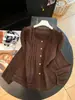 Camisa de Algodón y Lino Color Café Vintage para Mujer, Cuello Redondo, Adorno de Encaje, Plisada, Mangas Largas Abullonadas, Corte Holgado, Top para Principios de Otoño