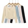 6146-25 Estilo Verão Novo Estilo Coreano Estilo Menina Estilo Puro Sedutor Renda Cor Contrastante Falso Duas Peças Manga Longa Top Camiseta
