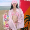 Estilo Fresco y Puro Chica Rosa Cuadros Bikini Cuello Halter Sin Tirantes Dulce Chica Caliente Camisa Chaqueta Vacaciones en la Isla