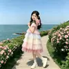 Vestido de Princesa de Pastel Arcoíris de Manga Corta para Niña de Verano, Vestido de Malla Súper Hada Abullonado, Vestido de Longitud Media Degradado con Cuello Redondo