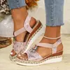 Sapatos Femininos Europeus e Americanos Transfronteiriços Fivela de Metal Tamanho Grande Corda de Cânhamo Trançada Venda Quente Transfronteiriça AliExpress Simples Aumento de Altura Atacado Tamanho Grande