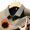 Conjunto de duas peças masculino de inverno com forro de fleece, camisa polo de manga longa versátil, top básico espesso para negócios casuais