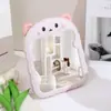Espejo de Maquillaje Plegable de Plástico con Orejas de Oso y Gato Impresas a Color, Espejo de Tocador de Escritorio Engrosado, Espejo Plateado Comercial con Almacenamiento