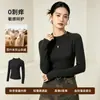 Camiseta básica feminina de cashmere com gola redonda para o início do outono, leve, levemente transparente, de manga comprida, macia, alta elasticidade, termorreguladora, top interno versátil