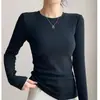 Camiseta Blanca de Algodón Puro con Canalé para Mujer 2026 Nueva Cuello Redondo Manga Larga Corte Ajustado Camiseta Interior Estilo Primavera/Otoño Chic