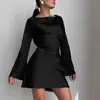 Vestido Elegante de Otoño Europeo y Americano Transfronterizo de Satén con Lazo en la Cintura de Color Sólido Elegante Ajustado Línea A Falda Corta Comercio Exterior