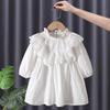Vestido Crema 2025 Primavera Estilo Occidental Nuevo Vestido de Malla con Costuras para Niños Vestido Camisa Sólido Elegante para Bebé