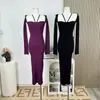 Vestido de Punto de Manga Larga para Mujer 2025 Otoño e Invierno Nuevo Sexy Falda Larga Falda que Cubre la Cadera Falda Elegante