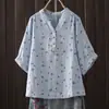 Camisa de Manga Corta con Mangas Murciélago Florales, Doble Capa de Gasa de Algodón, Cuello en V Fresco, Estilo Japonés, para Mujer, Top Casual Retro Artístico