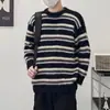 Suéter de punto de imitación de visón para hombre, nuevo estilo otoño/invierno, moderno, retro, corte relajado, a rayas, con bloques de color, jersey de corte holgado