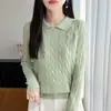 Suéter de Punto Trenzado con Cuello Polo para Mujer, Tejido Aran Retro, Delgado, Manga Larga, Capa Base Otoño Invierno