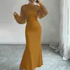 Moda Feminina Transfronteiriça Europeia e Americana 2026 Elegante Vestido Longo Sereia com Renda e Strass de Manga Longa Acinturado
