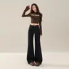Jeans Feminino Retro Americano com Bolsos Traseiros com Aba Micro Flare Cintura Alta Emagrecimento Temperamento Moda Versátil Não Apertado na Perna Boca de Sino
