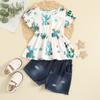 Roupas Infantis Verão Meninas Desenho Estampa Cacto Gola Redonda Pulôver Mais Shorts Jeans Conjunto Preço Baixo Liquidação