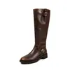 Botas de dos capas a juego de color piel de vaca, botas largas de caña alta para mujer, nuevo estilo de invierno, botas de punta redonda con hebilla de cuero genuino, botas de pierna recta para mujer