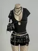 Top Casual de Verano con Diseño Hueco Estilo Americano para Mujer, Ajustado, con Pedrería, Estilo Y2K, Camiseta Lisa de Cuello Bajo