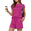 Conjunto feminino de shorts e camiseta de manga curta estilo europeu e americano, camiseta redonda com pregas no peito e shorts com bolso de cordão, conjunto casual de duas peças