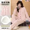 Pijama de manga comprida e calça comprida com bojos fixos, feito de algodão puro, pode ser usado fora de casa, design de gato de desenho animado com decote V, conjunto de duas peças de roupa de casa para mulheres