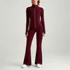 Conjunto de yoga de doble cara cepillado estilo Lulu para mujer, chaqueta con cremallera dorada, conjunto de pantalones de tiro alto que levantan los glúteos y microacampanados