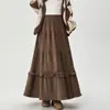 Foto Real de Falda de Terciopelo Patchwork con Bordes Fruncidos para Mujer, Nueva Falda de Cintura Alta Adelgazante de Longitud Media Corte A para Otoño e Invierno 2024
